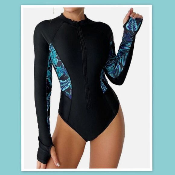 Women's One Piece Bathing Suit Long Sleeve Zipper Rash Guard Surf DivingSwimsuit - Picture 3 of 5